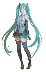 Rule 34 | 1girl, :d, aqua eyes, aqua hair, aqua necktie, arms behind back, bare shoulders, black footwear, black skirt, black sleeves, black thighhighs, blue necktie, boots, breasts, collared shirt, detached sleeves, full body, grey shirt, hair between eyes, hair ornament, hand on own arm, hatsune miku, highres, long hair, looking at viewer, miniskirt, necktie, number tattoo, open mouth, pleated skirt, shirt, shoulder tattoo, simple background, skirt, sleeveless, sleeveless shirt, small breasts, smile, solo, standing, tachi-e, tattoo, teeth, thigh boots, thighhighs, tunapon01, twintails, upper teeth only, very long hair, vocaloid, white background, zettai ryouiki