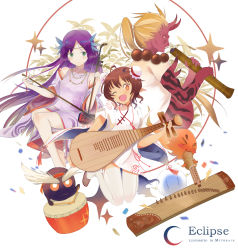 Rule 34 | &gt; &lt;, 3girls, ;d, artist name, barefoot, biwa lute, bow (music), brown hair, bun cover, chinese clothes, colored skin, crescent, crescent hair ornament, double bun, drum, drumsticks, dungeon and fighter, erhu, eyebrows, flute, ghost, green eyes, hair bun, hair ornament, hanfu, highres, horns, instrument, instrument request, jewelry, jumping, koto (instrument), long hair, lute (instrument), mage (dungeon and fighter), mouth hold, multiple girls, mythrain, necklace, one eye closed, oni, oni horns, open mouth, pipa (instrument), pointy ears, ponytail, purple hair, red eyes, red skin, ribbon-trimmed sleeves, ribbon trim, shakuhachi, simple background, smile, star-shaped pupils, star (symbol), summoner (dungeon and fighter), symbol-shaped pupils, tattoo, very long hair, white background, white sleeves