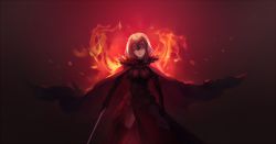 Rule 34 | 1girl, ahoge, armor, backlighting, blonde hair, breasts, cape, fate/grand order, fate (series), fire, headpiece, jeanne d&#039;arc (fate), jeanne d&#039;arc alter (avenger) (fate), jeanne d&#039;arc alter (avenger) (first ascension) (fate), jeanne d&#039;arc alter (fate), mao mao wansui, smile, solo, sword, weapon