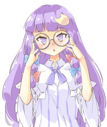 Rule 34 | 1girl, arnest, bespectacled, blush, crescent, crescent hair ornament, dress, frilled sleeves, frills, glasses, glasses day, hair ornament, highres, long hair, long sleeves, parted lips, patchouli knowledge, purple eyes, purple hair, round eyewear, shirt, simple background, solo, striped clothes, striped dress, touhou, upper body, vertical-striped clothes, vertical-striped dress, white background, white shirt, wide sleeves