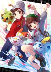 Rule 34 | 1boy, 1girl, :d, arm up, backpack, bag, beanie, bob cut, boots, brown bag, brown eyes, brown footwear, brown hair, buttons, cable knit, cardigan, clenched hand, collared dress, commentary request, creatures (company), denim, dress, dynamax band, game freak, gen 8 pokemon, gloria (pokemon), green headwear, green legwear, grey cardigan, grey headwear, grin, grookey, hat, highres, holding, holding poke ball, hooded cardigan, jeans, nintendo, open mouth, pants, peron (niki2ki884), pink dress, plaid, plaid legwear, poke ball, poke ball (basic), pokemon, pokemon (creature), pokemon swsh, red shirt, scorbunny, shirt, shoes, short hair, sleeves rolled up, smile, sobble, socks, starter pokemon trio, swept bangs, tam o&#039; shanter, tongue, torn clothes, torn jeans, torn pants, victor (pokemon)