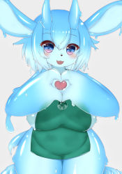 Rule 34 | 1girl, :3, animal ears, animal nose, apron, blue eyes, blue hair, blush, breasts, furry, furry female, green apron, heart, heart hands, highres, horns, horokusa (korai), large breasts, looking at viewer, monster girl, multicolored eyes, open mouth, original, pink eyes, plump, short hair, slime (substance), slime girl, smile, solo, starbucks, thick thighs, thighs