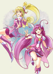 Rule 34 | 10s, 2girls, aida mana, antenna hair, bike shorts, blonde hair, boots, bow, coattails, color connection, crossover, cure happy, cure heart, detached sleeves, dokidoki! precure, earrings, half updo, head wings, heart, heart earrings, high heel boots, high heels, highres, hoshizora miyuki, jewelry, knee boots, long hair, low twintails, magical girl, multiple girls, open mouth, pas (paxiti), pink bow, pink eyes, pink footwear, pink hair, pink shorts, pink skirt, ponytail, precure, shorts, shorts under skirt, skirt, smile, smile precure!, tailcoat, tiara, twintails, v, very long hair, wings, wrist cuffs