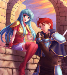 Rule 34 | 1boy, 1girl, armor, bad id, bad pixiv id, blue eyes, blue hair, boots, bracelet, couple, eirika (fire emblem), fingerless gloves, fire emblem, fire emblem: the sacred stones, gloves, holding hands, hetero, jewelry, lance, lips, long hair, nintendo, ohmi blue, open mouth, polearm, princess, red eyes, red hair, seth (fire emblem), short hair, sitting, skirt, spear, thigh boots, thighhighs, weapon, zettai ryouiki