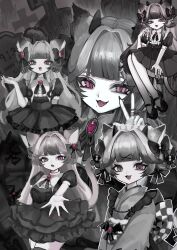 Rule 34 | 1girl, :3, animal ears, annotated, blunt bangs, bow, brooch, cat ears, cat girl, cat tail, dress, fang, fangs, fingernails, frills, greyscale, hair bow, hair intakes, hair ornament, hand up, highres, horns, japanese clothes, jewelry, kimono, lolita fashion, long fingernails, long hair, looking at viewer, mary janes, mole, mole under mouth, monochrome, multiple rings, multiple views, nail polish, neck ribbon, open mouth, original, puffy short sleeves, puffy sleeves, purple eyes, reaching, reaching towards viewer, ribbon, ring, shiona (siona0625), shoes, short dress, short hair, short sleeves, sitting, spot color, standing, tail, tombstone, v, very long hair, wa lolita, wing ornament, x hair ornament