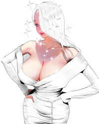 Rule 34 | 1girl, absurdres, blue eyes, breasts, collarbone, commentary, hands on own hips, highres, jewelry, large breasts, leaning forward, looking at viewer, necklace, off shoulder, original, red lips, simple background, sleeves past wrists, smile, solo, sparkle, symbol-only commentary, white background, white hair, wonbin lee