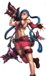 Rule 34 | 1girl, alternate breast size, belt, blue hair, boots, braid, breasts, bullets, gloves, hairline, highres, jinx (league of legends), league of legends, long hair, pink eyes, rope play, shorts, simple background, single thighhigh, tattoo, thighhighs, twin braids, weapon, white background