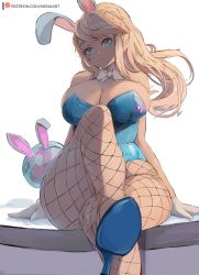 Rule 34 | 1girl, animal ears, blonde hair, breasts, cleavage, collar, commentary request, crossed legs, fake animal ears, fishnet legwear, fishnets, gloves, high heels, highres, large breasts, leotard, long hair, metroid, metroid (classic), mirai hikari, nintendo, parted lips, playboy bunny, ponytail, rabbit ears, samus aran, shoe soles, sidelocks, simple background, sitting, sleeveless, solo, strapless, strapless leotard, swept bangs, teeth, thick thighs, thighs, watermark, web address, white background, white collar, white gloves