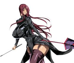 Rule 34 | absurdres, artist request, ass, black suit, breasts, curvy, highres, huge ass, huge breasts, latex, red hair, sagging breasts, suit, sword, third-party edit, weapon, yellow eyes