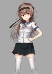 Rule 34 | 1girl, ahoge, black skirt, clothes writing, collared shirt, furrowed brow, grey background, hand on own hip, headband, highres, light brown hair, long hair, looking at viewer, miniskirt, neckerchief, original, pleated skirt, red star, russian text, sailor collar, school uniform, serafuku, shirt, simple background, skirt, solo, standing, star (symbol), thighhighs, triangle mouth, white shirt, white thighhighs, yakob labo