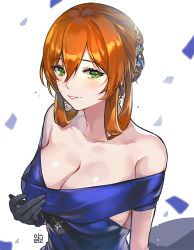 Rule 34 | 1girl, alracoco, black gloves, blue dress, blush, breasts, brown hair, cleavage, dress, earrings, flower, flower earrings, girls&#039; frontline, gloves, green eyes, hair between eyes, hair bun, hair flower, hair ornament, hair rings, hand up, jewelry, large breasts, long hair, looking at viewer, off-shoulder dress, off shoulder, official alternate costume, parted lips, sidelocks, signature, single hair bun, smile, solo, springfield (girls&#039; frontline), springfield (queen in radiance) (girls&#039; frontline), upper body