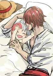 Rule 34 | 1boy, 1girl, aged down, artist request, blush stickers, facial hair, father and daughter, happy, hat, highres, looking at another, lying, multicolored hair, one piece, red hair, shanks (one piece), shirt, short hair, simple background, smile, straw hat, two-tone hair, uta (one piece), white shirt