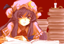 Rule 34 | 1girl, book, book stack, candle, crescent, face, female focus, hat, kuronuko neero, long hair, open book, patchouli knowledge, purple eyes, purple hair, reading, revision, sketch, solo, touhou