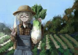 Rule 34 | 1girl, absurdres, blue background, brown hat, checkered clothes, closed eyes, cowboy shot, denim, farm, farmer, farming, faux traditional media, food, glasses, grey hair, grin, gyeonnggye, hat, highres, holding, holding food, holding vegetable, impressionism, long sleeves, medium hair, original, overalls, plaid, plaid shirt, rural, shirt, sky, smile, solo, straw hat, suspenders, towel, towel on head, v, vegetable