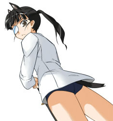 Rule 34 | 00s, 1girl, animal ears, black hair, brown eyes, buruma, cat ears, cat tail, dutch angle, eyepatch, no pants, one-piece swimsuit, ponytail, sakamoto mio, school swimsuit, solo, strike witches, swimsuit, swimsuit under clothes, tail, world witches series