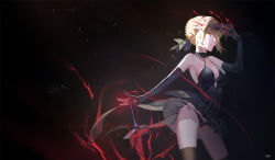 Rule 34 | 1girl, artoria pendragon (fate), bare shoulders, black background, black panties, blonde hair, club3, elbow gloves, energy, excalibur morgan (fate), fate/grand order, fate/stay night, fate (series), gloves, looking at viewer, mask, pale skin, panties, saber (fate), saber alter, side-tie panties, solo, sword, thighhighs, underwear, upskirt, weapon, yellow eyes