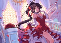 Rule 34 | 1girl, absurdres, black hair, breasts, chandelier, cleavage, commentary, commission, dress, elbow gloves, english commentary, feet out of frame, flower, from below, gloves, high school dxd, highres, himejima akeno, indoors, large breasts, long hair, looking at viewer, nifffi, ponytail, red dress, solo, stairs, very long hair, white gloves, window