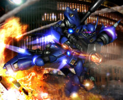 Rule 34 | 3d, battle, bazooka (gundam), building, cannon, cityscape, commentary request, explosion, fire, gundam, gundam 0080, hiropon (tasogare no puu), kampfer (mobile suit), lens flare, lights, machinery, mecha, mobile suit, no humans, one-eyed, photo background, realistic, robot, shoulder spikes, smoke, spikes, zeon