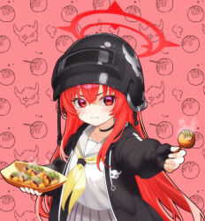 1girl black_choker black_gloves black_hoodie blue_archive blush choker closed_mouth collarbone commentary_request crossed_bangs dango eyelashes fang fingerless_gloves food gloves grey_sailor_collar hair_between_eyes halo helmet holding holding_food hood hood_down hoodie incoming_food long_hair long_sleeves looking_at_viewer mutsuse neckerchief open_clothes open_hoodie puffy_long_sleeves puffy_sleeves rabu_(blue_archive) red_eyes red_hair red_halo sailor_collar school_uniform serafuku shirt skin_fang solo steam straight_hair upper_body v-shaped_eyebrows very_long_hair wagashi white_shirt yellow_neckerchief