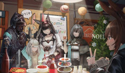 Rule 34 | 1other, 4girls, absurdres, alternate universe, amiya (arknights), animal ears, arknights, black gloves, black hair, black jacket, blaze (arknights), blue eyes, blush, bottle, breasts, brown hair, cake, camera, candle, cat ears, commentary request, cup, doctor (arknights), feather hair, fingerless gloves, food, frostnova (arknights), gloves, grey eyes, grey hair, greythroat (arknights), hair between eyes, hair ornament, hairband, hairclip, highres, holding, holding camera, holding cup, hood, hooded jacket, indoors, jacket, jewelry, long hair, long sleeves, meganeno dokitsui, multiple girls, open clothes, open jacket, parted lips, party, plate, rabbit ears, red hairband, ring, scar, scar on face, shelf, shirt, short hair, sidelocks, smile, translation request, tree, upper body, v, white jacket