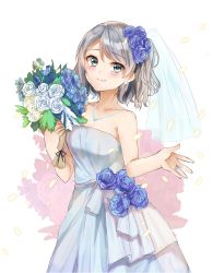 Rule 34 | 1girl, aqua eyes, artist name, artist request, bare shoulders, blue eyes, blue flower, blush, bouquet, breasts, brown hair, cleavage, collarbone, dress, earrings, female focus, flower, flower dress, grey hair, hair between eyes, hair flower, hair ornament, highres, holding, holding bouquet, jewelry, light brown hair, looking at viewer, love live!, love live! sunshine!!, medium breasts, necklace, pearl earrings, petals, short hair, skirt, solo, veil, watanabe you, wedding dress, white dress, white skirt, white veil, yellow petals