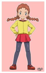 Rule 34 | 1girl, blush stickers, border, brown hair, cardigan, closed mouth, commentary, creatures (company), full body, game freak, green eyes, grey pantyhose, hands on own hips, highres, long hair, macy (pokemon), monosex, nintendo, outline, pantyhose, pink background, pleated skirt, pokemon, pokemon (anime), pokemon (classic anime), red footwear, red shirt, red skirt, shirt, shoes, skirt, smile, solo, standing, twintails, white border, yellow cardigan