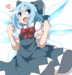 Rule 34 | 1girl, :d, blue eyes, blue hair, blush, bow, cirno, do (4-rt), dress, fang, fist pump, hair bow, heart, ice, ice wings, jumping, large bow, looking at viewer, matching hair/eyes, open mouth, simple background, smile, solo, touhou, wings