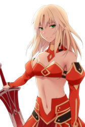 Rule 34 | 1girl, alternate hairstyle, bare shoulders, blonde hair, breasts, clarent (fate), closed mouth, cowboy shot, detached collar, detached sleeves, fate/apocrypha, fate/grand order, fate (series), green eyes, hair down, holding, holding sword, holding weapon, light smile, long hair, looking at viewer, midriff, mordred (fate), mordred (fate/apocrypha), navel, shiseki hirame, simple background, small breasts, solo, stomach, sword, underboob, weapon, white background