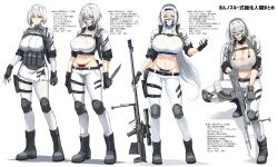 Rule 34 | 4girls, absurdres, ammunition pouch, backpack, bag, bikini, bikini bottom only, black gloves, black headband, breasts, cleavage, closed mouth, commentary request, crop top, cropped arms, fingerless gloves, full body, gloves, grey footwear, gun, hair between eyes, halcon, handgun, headband, headset, highres, holding, holding knife, holster, jacket, knee pads, knife, large breasts, long hair, long sleeves, looking at viewer, machine gun, mask, midriff, multiple girls, navel, navel piercing, original, pants, pantyhose, partially fingerless gloves, piercing, pistol, pouch, rifle, see-through, shirt, short hair, sidelocks, sleeves rolled up, smile, sniper rifle, standing, stomach, strapless, swimsuit, thigh holster, translation request, tube top, weapon, white hair, white jacket, white legwear, white pants, white shirt, yellow eyes