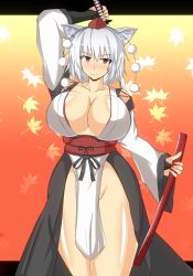 Rule 34 | 1girl, animal ears, bare shoulders, breasts, cleavage, curvy, detached sleeves, female focus, groin, hat, huge breasts, inubashiri momiji, japanese clothes, kimono, musuka (muska), no bra, no panties, pelvic curtain, red eyes, short hair, solo, standing, sword, thighs, touhou, weapon, white hair, wolf ears