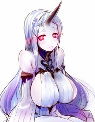Rule 34 | 10s, 1girl, abyssal ship, bare shoulders, blush, breasts, claws, detached sleeves, dress, female focus, frown, highres, horns, kantai collection, large breasts, long hair, looking at viewer, one-hour drawing challenge, red eyes, ribbed dress, seaport princess, sideboob, simple background, single horn, solo, tori kaku, very long hair, white hair