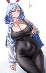 Rule 34 | 1girl, animal ears, black dress, blue bag, blue hair, blush, braid, breasts, cleavage, collarbone, commentary, covered navel, dress, english commentary, hair between eyes, highres, hololive, large breasts, long hair, long sleeves, looking at viewer, mature female, off shoulder, parted lips, pekomama, piukute062, purple eyes, rabbit ears, rabbit girl, signature, simple background, single bare shoulder, smile, solo, thick eyebrows, virtual youtuber, white background