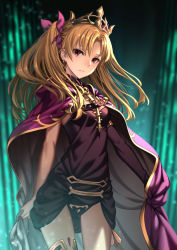 Rule 34 | 1girl, asymmetrical legwear, asymmetrical sleeves, between breasts, black leotard, black thighhighs, blonde hair, bow, breasts, cape, closed mouth, detached collar, earrings, ereshkigal (fate), fate/grand order, fate (series), gold trim, hair bow, highres, hoop earrings, infinity symbol, jewelry, leotard, long hair, looking at viewer, medium breasts, parted bangs, porikeracchou, red bow, red cape, red eyes, single sleeve, single thighhigh, skull, solo, spine, thighhighs, thighs, tiara, two side up, uneven legwear, uneven sleeves