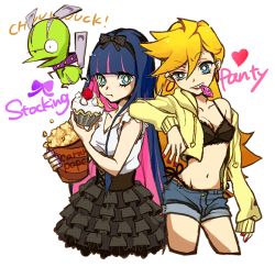 Rule 34 | 10s, 2girls, bra, breasts, chuck (psg), cleavage, condom, condom in mouth, food, lingerie, mouth hold, multiple girls, panty &amp; stocking with garterbelt, panty (psg), smile, stocking (psg), underwear