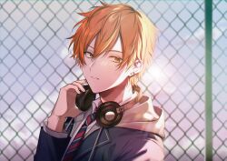 Rule 34 | 1boy, blazer, blonde hair, blue jacket, blue necktie, chain-link fence, chanms, commentary, day, diagonal-striped clothes, diagonal-striped necktie, double-parted bangs, earrings, fence, grey jacket, hair between eyes, hand up, headphones, headphones around neck, highres, hood, hood down, hooded jacket, jacket, jewelry, kamiyama high school uniform (project sekai), lapels, layered clothes, long bangs, looking at viewer, male focus, multicolored hair, multicolored necktie, necktie, notched lapels, open clothes, open jacket, orange hair, outdoors, parted lips, project sekai, red necktie, school uniform, shinonome akito, shirt, short hair, sideways glance, single stripe, solo, streaked hair, striped, striped clothes, stud earrings, sun, two-tone hair, upper body, white necktie, white shirt, yellow eyes
