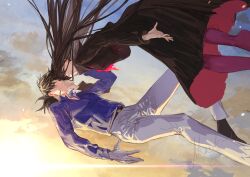 Rule 34 | 1boy, 1girl, black hair, fate/grand order, fate (series), gloves, hair over one eye, highres, long hair, long sleeves, low ponytail, one eye closed, oryou (fate), ponytail, red eyes, sakamoto ryouma (fate), skirt, smile, very long hair, white gloves, ziege113