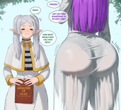 Rule 34 | 2girls, ass, book, capelet, dress, english text, fern (sousou no frieren), frieren, grimoire, highres, huge ass, looking back, multiple girls, parted bangs, pointy ears, purple hair, shirt, short eyebrows, sidelocks, skirt, smile, sousou no frieren, speech bubble, striped clothes, striped shirt, superbusty, sweatdrop, tagme, thick eyebrows, twintails, white capelet, white dress, white hair, white skirt, wide hips
