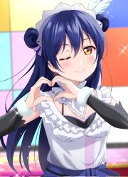 Rule 34 | 1girl, blue hair, blush, detached sleeves, earrings, hair between eyes, haruharo (haruharo 7315), heart, heart hands, highres, jewelry, long hair, looking at viewer, love live!, love live! school idol project, maid, maid headdress, mogyutto &quot;love&quot; de sekkin chuu!, one eye closed, smile, solo, sonoda umi, yellow eyes