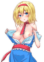 Rule 34 | 1girl, alice margatroid, bad id, bad pixiv id, bare shoulders, blonde hair, blue eyes, blush, breasts, clothes pull, dress pull, hairband, highres, looking at viewer, medium breasts, medium hair, mukkushi, nipples, no bra, open mouth, pulled by self, red hairband, simple background, solo, touhou, white background