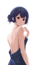 Rule 34 | 1girl, 26th, backless dress, backless outfit, bare arms, bare shoulders, black hair, blue dress, closed mouth, dress, from side, highres, idolmaster, idolmaster shiny colors, looking at viewer, morino rinze, red eyes, short hair, simple background, solo, standing, strapless, strapless dress, upper body, white background