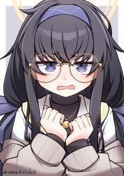 Rule 34 | 1girl, absurdres, black hair, blue archive, blue eyes, blue hairband, blue ribbon, blush, cardigan, commentary request, eyewear strap, glasses, hair ribbon, hairband, highres, jewelry, long hair, long sleeves, looking at viewer, low twintails, namaata, necklace, open mouth, ribbon, round eyewear, sailor collar, simple background, solo, twintails, twitter username, two-tone background, ui (blue archive), upper body, very long hair, wavy mouth, white sailor collar