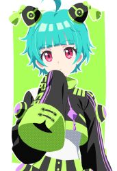 Rule 34 | 1girl, ahoge, black jacket, blue hair, blunt bangs, chinese clothes, closed mouth, commentary request, cropped jacket, dolldolldd, expressionless, green background, hair ornament, hand up, highres, jacket, korean commentary, long sleeves, looking at viewer, omega auru, pink eyes, pretty series, short hair, sleeves past fingers, sleeves past wrists, solo, standing, tassel, waccha primagi!