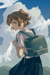 Rule 34 | 1girl, aged down, aijou karen, animal, artist name, backpack, bag, bird, blue skirt, blue sky, blurry, brown eyes, brown hair, cloud, collared shirt, commentary, cowboy shot, crown hair ornament, day, depth of field, dove, from behind, green bag, guagua shijie, hair ornament, hairclip, hand up, holding strap, light particles, looking at viewer, looking back, one side up, outdoors, parted lips, profile, school bag, school uniform, shirt, short hair, short sleeves, shoujo kageki revue starlight, skirt, sky, smile, solo, standing, swept bangs, white shirt