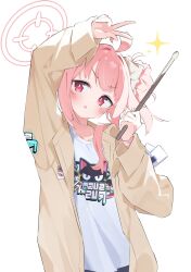 Rule 34 | 1girl, :&lt;, absurdres, arm up, blue archive, blush, brown jacket, collarbone, cowboy shot, dot nose, drumsticks, hair ornament, hair scrunchie, halo, hand up, head tilt, highres, holding, holding drumsticks, jacket, long hair, long sleeves, looking at viewer, natsu (band) (blue archive), natsu (blue archive), open clothes, open jacket, open mouth, pink hair, print shirt, red eyes, scrunchie, shirt, side ponytail, sidelocks, simple background, sleeves past wrists, solo, sparkle, suta0822, v-shaped eyebrows, white background, white shirt