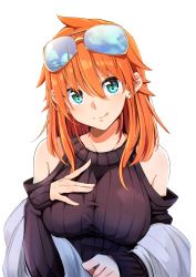 Rule 34 | 1girl, :q, absurdres, amano tora, black sweater, blue eyes, blue sky, breasts, clothing cutout, cloud, earrings, eyewear on head, hair between eyes, head tilt, highres, jewelry, kazenoko, large breasts, long hair, long sleeves, looking at viewer, orange hair, original, reflection, ribbed sweater, shawl, shoulder cutout, sky, sleeves past wrists, smile, solo, stud earrings, sunglasses, sweater, taut clothes, tongue, tongue out, turtleneck, upper body, white background