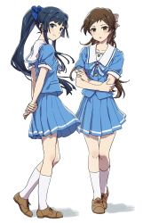 Rule 34 | 2girls, arms behind back, ayano yuu (sonma 1426), blouse, blue bow, blue eyes, blue hair, blue ribbon, blue shirt, blue skirt, bow, brown footwear, brown hair, buttons, check commentary, commentary request, crossed arms, dot nose, full body, hair bow, highres, idolmaster, idolmaster million live!, idolmaster million live! theater days, kitazawa shiho, kneehighs, legs, light blush, looking at viewer, looking back, mogami shizuka, multiple girls, own hands together, parted lips, pleated skirt, ponytail, ribbon, sailor collar, school uniform, shirt, shoes, short sleeves, skirt, smile, socks, standing, summer uniform, summer uniform series (idolmaster), thighs, white background, white bow, white legwear, white sailor collar, yellow eyes