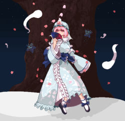 Rule 34 | 1girl, breasts, bug, butterfly, covering own mouth, floating, ghost, insect, large breasts, medium hair, nukekip, petals, pink hair, red eyes, saigyouji yuyuko, saigyouji yuyuko&#039;s fan design, snow, touhou, tree