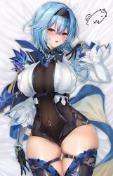 Rule 34 | 1girl, belt, black gloves, black hairband, black leotard, black thighhighs, blue cape, blue hair, blush, breasts, brown eyes, cape, eula (genshin impact), genshin impact, gloves, hair ornament, hairband, highres, large breasts, leotard, long sleeves, looking at viewer, lying, medium hair, necktie, obiwan, on back, open mouth, shirt, sidelocks, solo, thighhighs, thighs, underbust, white shirt