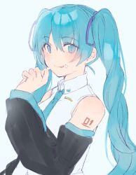 Rule 34 | 1girl, bare shoulders, black sleeves, blue background, blue eyes, blue hair, blue necktie, blush, collared shirt, commentary, detached sleeves, food, food on face, hair between eyes, hand up, hatsune miku, heremia, highres, licking lips, long hair, long sleeves, necktie, shirt, simple background, sleeveless, sleeveless shirt, solo, tongue, tongue out, twintails, upper body, very long hair, vocaloid, white background, white shirt, wide sleeves
