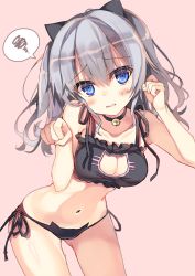 Rule 34 | 10s, 1girl, bell, blue eyes, bra, breasts, cat cutout, cat ear panties, cat lingerie, cleavage cutout, clothing cutout, female focus, gluteal fold, highres, hisaka hazara, jingle bell, kantai collection, kashima (kancolle), leaning forward, looking at viewer, meme attire, navel, panties, paw pose, side-tie panties, silver hair, solo, spoken squiggle, squiggle, standing, thigh gap, twintails, underwear, underwear only, wavy hair